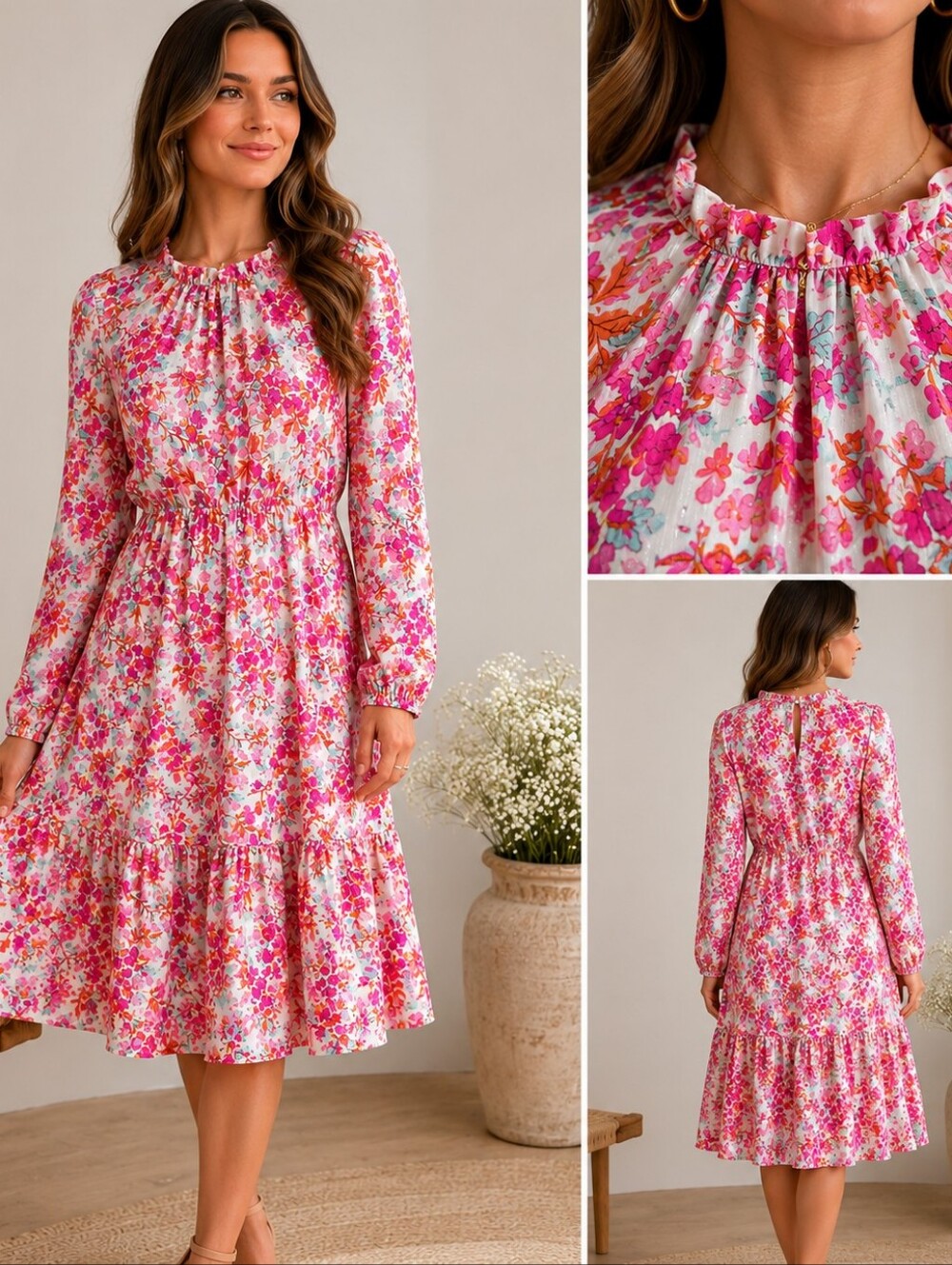 SugarLips XS Retro Floral Midi Dress ✨ Pink Boho Lurex Cottagecore
